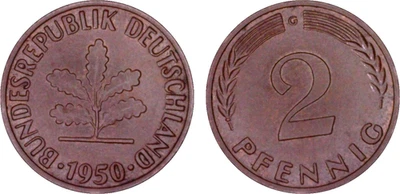 ***1950-G  WEST GERMANY   2 PFENNIGS***PCGS MS62BN***TOP POP 1/0*** - Image 1 of 3