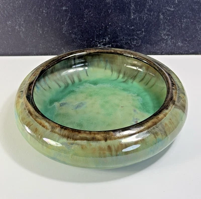Fulper Arts & Craft Pottery Jade Green Flambe Low Bulb Bowl Shallow Planter 9.5" - Image 1 of 4