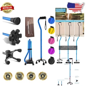 Secure Quad Cane for Seniors - Push Button Lock, Steel Base, Ambidextrous, Blue - Picture 1 of 8