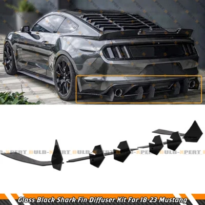 For 18-2023 Ford Mustang Ecoboost Gloss Black Shark Fin Rear Bumper Diffuser Kit - Image 1 of 4