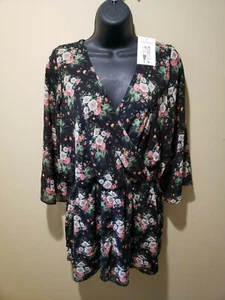 Everly Women Sz M Black Floral Cinched Waist Blouse Shirt - Picture 1 of 3