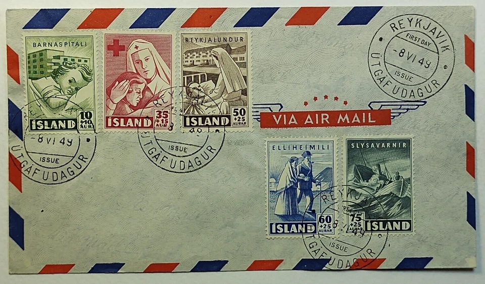 1949 FDC Reykjavik Iceland Airmail Cover Charity Set Complete SC #B7-B11 - Image 1 of 2