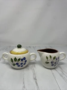Vintage Stangl Pottery Creamer & Covered Sugar Bowl Set Blueberry Pattern FINE - Picture 1 of 24