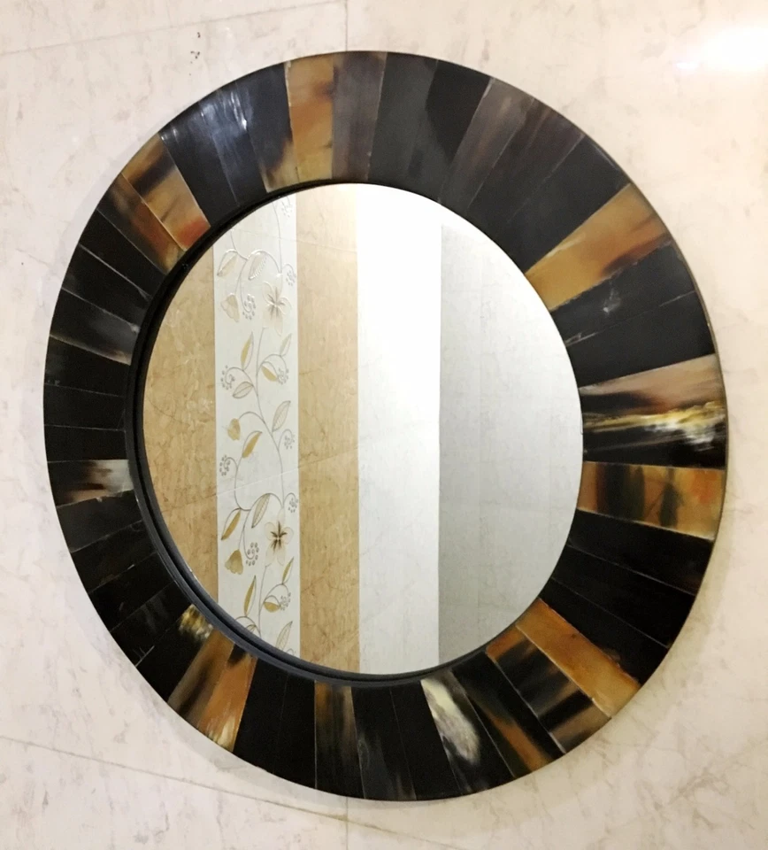 Mirror with Black Horn Frame Handmade Round Wall Hanging Mirror Home Decor   - Image 1 of 1