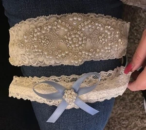 Wedding Garter Set, Crystal Garter Set - Ivory Lace with Dusty Blue bow - Picture 1 of 1