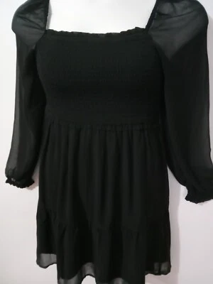 Mini Vestido AMERICAN EAGLE Pequeño Negro Acanalado Busto Calado Transparente Manga Abullonada BoHo Foto 1 de 4
