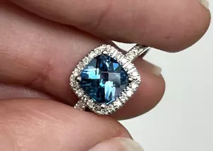Anello Alone Topazio Blu Taglio Cuscino Scacchiera & Diamante 14k - Foto 1 di 12