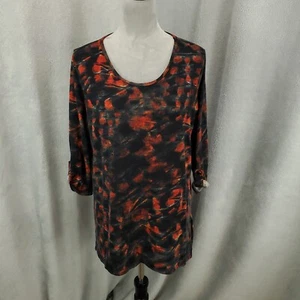 Clara Sun Woo Tunic Womens Large Black Orange Geometric 3/4 Sleeve Artsy Blouse - Picture 1 of 9