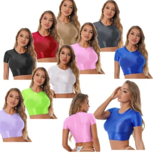 Womens Solid Short Sleeve T-Shirt Crop Tops Oil Glossy Swim Yoga Sports Gym AU - Picture 1 of 93
