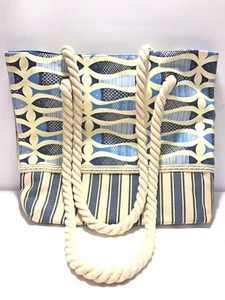 Blue Ivory Canvas Lined Tote Bag Fish Stripe Pattern Cotton Rope Handle - Picture 1 of 3