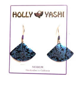 NOS Holly Yashi Signed Fan Dangle Earrings Charcoal/Magenta/Blue Fern Earrings - Picture 1 of 6
