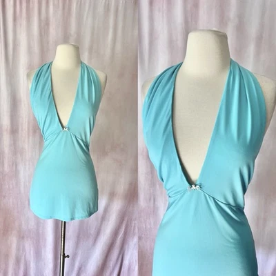 Top Halter Y2K Años 2000 Grande Azul Floral Cuello en V Profundo Acanalado Fairycore Boho Foto 1 de 4