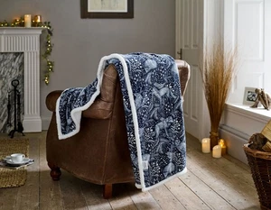 Sherpa Reverse Supersoft Throw Fox, Deer, Owls  Design Navy Blue 140cm x 180cm - Picture 1 of 3