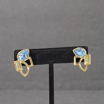 Monet Signed Pierced Earrings Gold Tone Blue Rhinestone Geometric Abstract VTG - Image 1 of 4