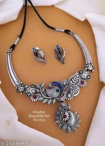 Inspired Silver Look Kundan Necklace Bollywood Tribal Earring Wedding Choker Set - Picture 1 of 7