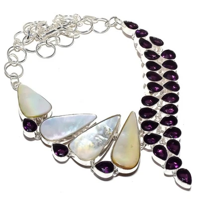 Mother Of Pearl, Amethyst Gemstone 925 Sterling Silver Jewelry Necklace 18" - Image 1 of 4