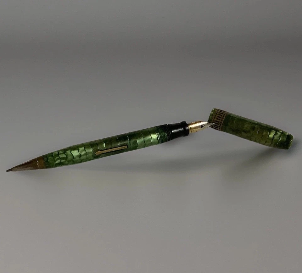 Peter Pan Light Green Iridescent Bakelite Fountain Pen & Mechanical Pencil Used - Image 1 of 2