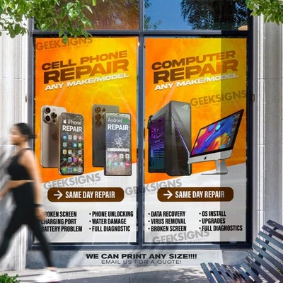 Cell Phone Computer Repair Window Wrap Decals – Set of 2 Storefront Signs Poster - Image 1 of 4