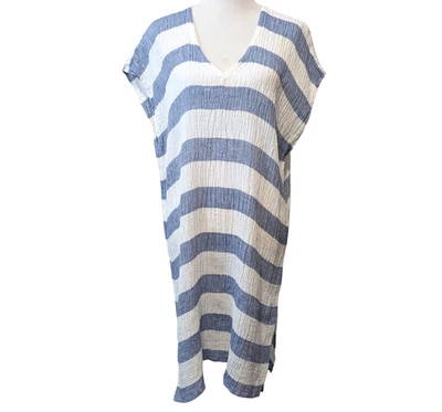 Eileen Fisher Womens Size L/XL White Blue Chambray Stripe Gauze Kaftan Tunic Top - Image 1 of 4