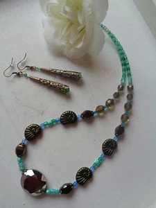 Elegantes Schmuckset Kette + Ohrhaken Vintage türkis bronze UNIKATE - Bild 1 von 4