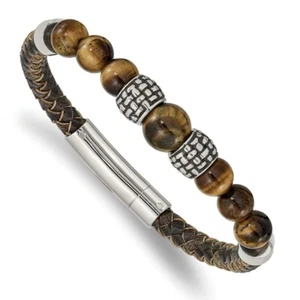 Stainless Steel Antiqued and Polished Tiger's Eye Leather 8.5in Bracelet - Picture 1 of 3