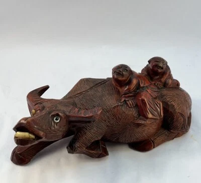 Wooden Chinese Sculpture Hand Carved Two Boys Riding Water Buffalo  Antique - Image 1 of 4