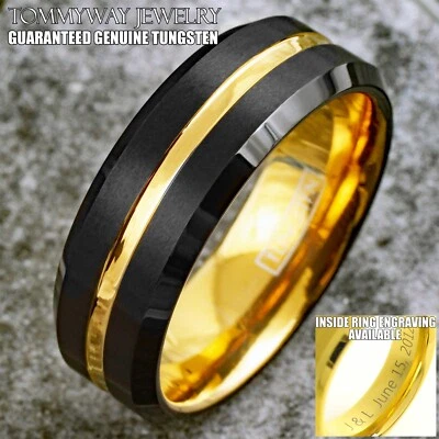 Alianza de boda enchapada en oro anillo de carburo de tungsteno negro grabado personalizado Foto 1 de 4