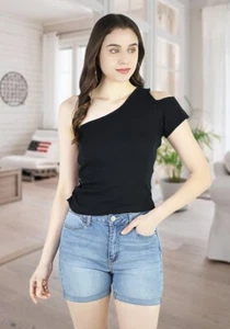 Artyska Womens Ribbed One Shoulder Crop Top - Picture 1 of 30