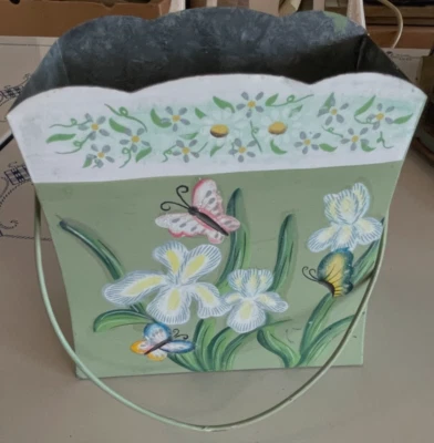 Decorative Tin Basket Spring Flowers & Butterflies For Decor - VINTAGE BEAUTIFUL - Image 1 of 4