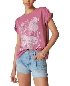 Lucky Brand Women's Red Graphic-Print Butterfly Garden Boyfriend T-Shirt Size M - Picture 1 of 8