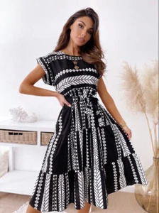 Geometry Print Cocktail Party Beach Dress Sundress Summer Black Light Blue - Picture 1 of 8