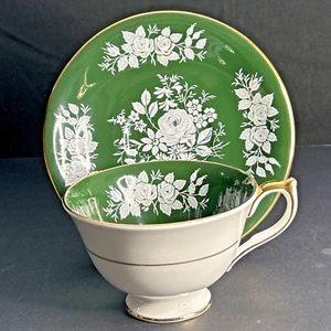 Taza de té y platillo de porcelana inglesa de hueso fino rosa blanca elevada verde Aynsley de colección - Imagen 1 de 15