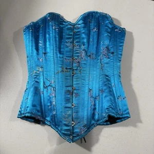 HourGlass Korsett Damen klein Satin Blumen aquablau sexy Dessous - Bild 1 von 7