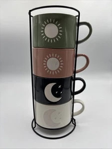 Thyme & Table Ceramic 4 Piece Set Stackable Stoneware Mugs w/Rack - Picture 1 of 3
