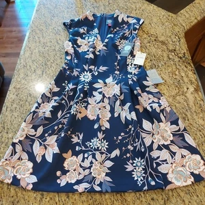 Abito donna Vince Camuto floreale jacquard aderente e svasato taglia 10 blu navy nuovo con etichette $128 - Foto 1 di 20