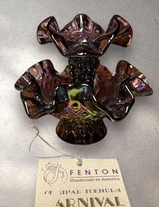 VINTAGE FENTON DIAMOND CUT CARNIVAL OR AMETHYST 1 HORN EPERNE VASE WITH TAGS 4” - Picture 1 of 8