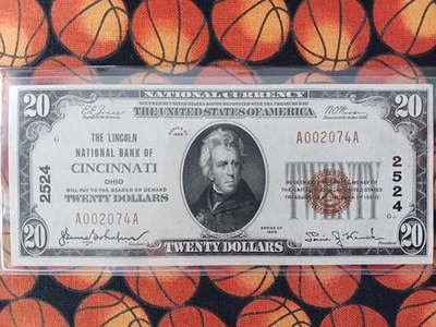 1929 $20 Cincinnati, Oh Lincoln Nat'l Bank of Cincinnati Ch 2524 blanco y crujiente  Foto 1 de 4