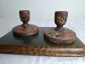 Vintage Pair of Small Hand Painted Wooden Candlesticks - Picture 1 of 11