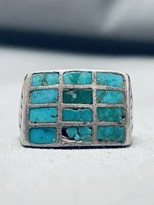 VERY OLD VINTAGE NAVAJO TURQUOISE SQUARE INLAY STERLING SILVER RING - Picture 1 of 9
