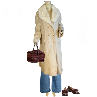 VINTAGE CIRCA 1980'S PRIME SOURCE WOOL & CREAM RABBIT FUR COLLAR COAT SZ APPX LG - Image 1 of 4