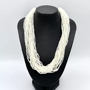 Twisted White Multi Strand Glass Beads Necklace GoldTone & Clear 2"Extender - Picture 1 of 14
