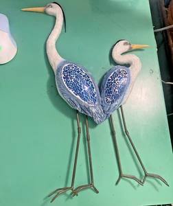 2 tolle Blaureiher Vogel hängende Wandfiguren Mosaik Glaskörper Metallbeine - Bild 1 von 20