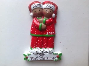 African American Pajama Couple Family of Two, Personalized Christmas Ornament - Picture 1 of 1