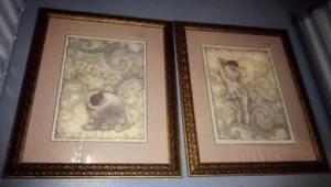 Weiblicher Akt Vintage gedrucktes gerahmtes Gemälde signiert von T C - Bild 1 von 6