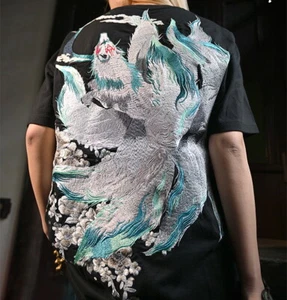 Mens Japanese Myths Pattern Embroidery 9-Tailed-Fox Cotton T-Shirt Black Unisex - Picture 1 of 22