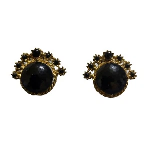 Schwarzer Cabachon Ohrclips goldfarbene Krappe Faux Onyx Vintage - Bild 1 von 7