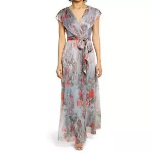Eliza J Gray Floral V Neck Maxi Gown Dress Size 4 New - Picture 1 of 5