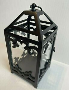 Pottery Barn Nouveau Glass & Metal Candle Lantern Black Finish Medium 9" HEAVY