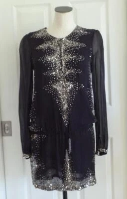 Vestido de coquetel antigo Batik roxo escuro viscose chiffon lantejoulas prata anos 1000 P M - Imagem 1 de 4