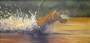 Quadro leone originale firmato artista vintage natura fauna selvatica arte incorniciata - Foto 1 di 10